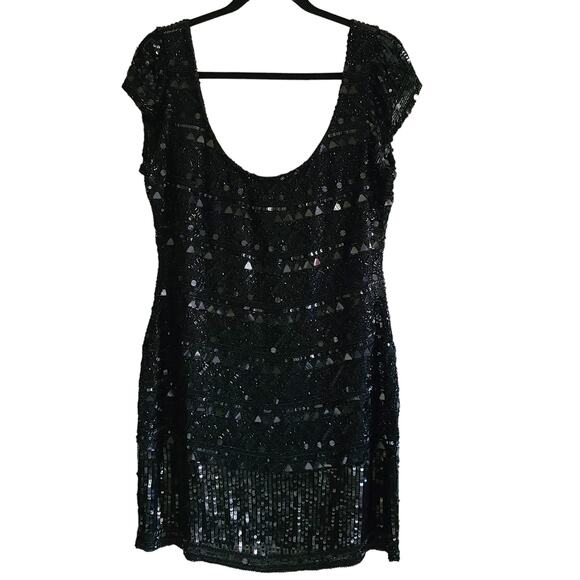 SCALA Black Beaded‎ Sequin Scoop Neck Cocktail Party Mini Dress Women's Size 14 - Picture 1 of 11